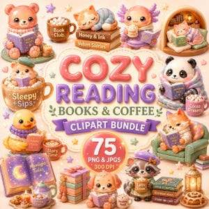 Op de afbeelding: Een digitaal clipartpakket met 75 PNG- en JPG-bestanden met schattige dierenfiguren die boeken lezen en koffie drinken. De collectie bevat illustraties van een beer, kat, axolotl, panda, eend, vos, wasbeer en hond met gezellige accessoires.