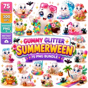 May include: A digital collection of 75 PNG images featuring cartoon ghosts in summer-themed outfits and settings, including beach gear, tropical drinks, and floral accessories. The central text reads GUMMY GLITTER SUMMERWEEN 75 PNG BUNDLE.