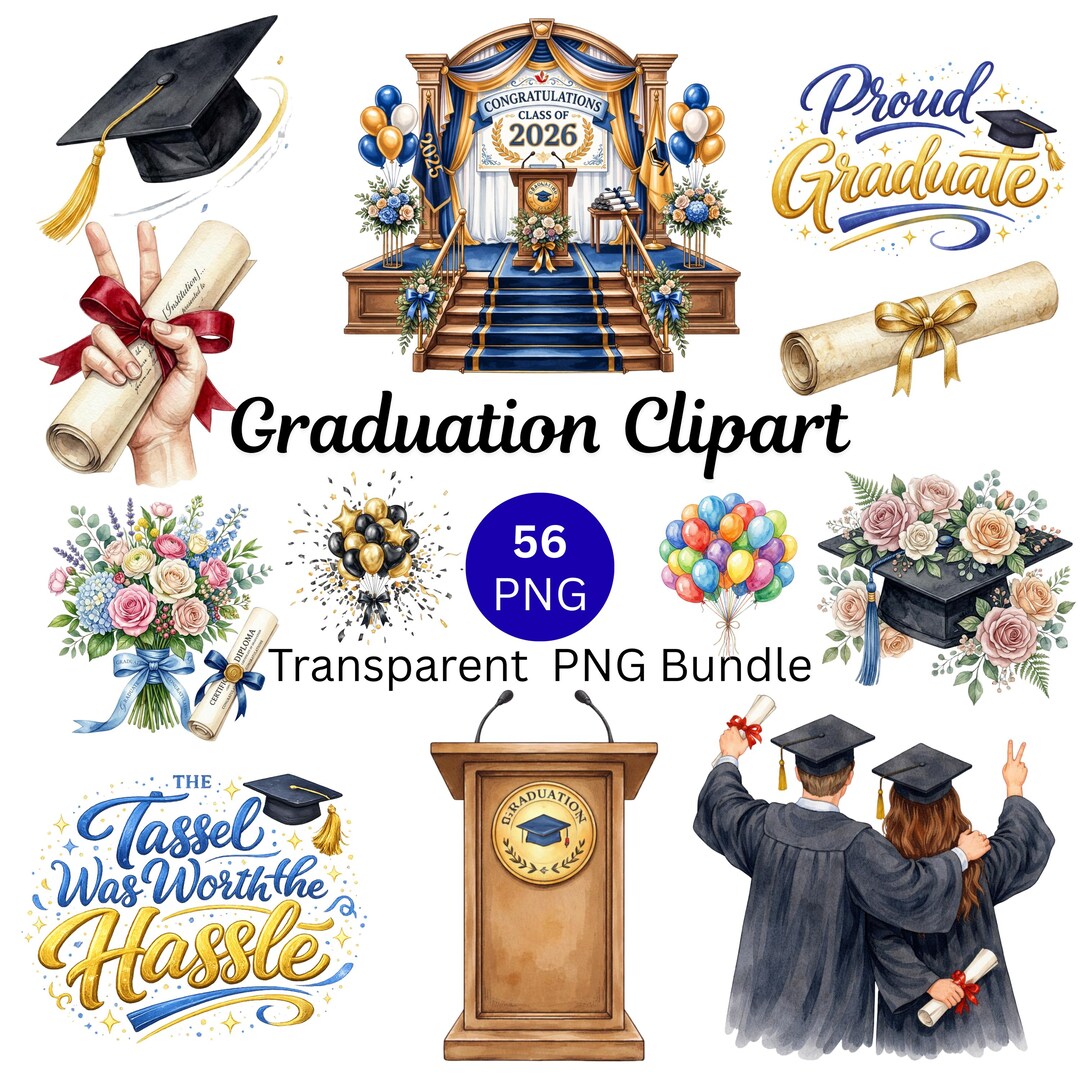 Graduation Clipart Bundle PNG, Class of 2026 Sublimation Designs, 56 ...