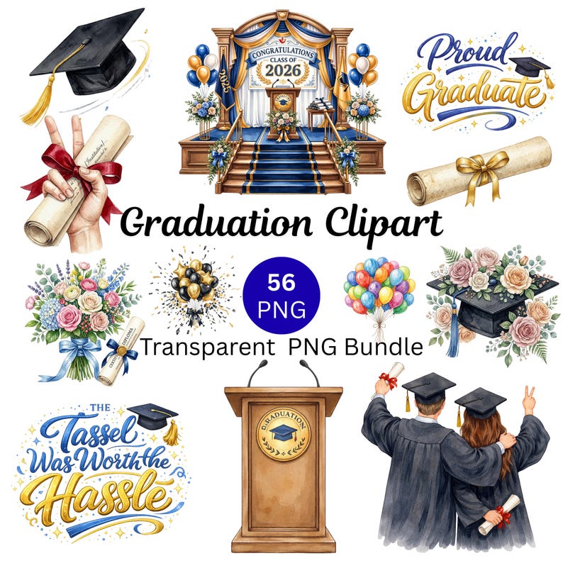Graduation Clipart Bundle PNG, Class of 2026 Sublimation Designs, 56 ...