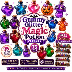 May include: A digital collection of 75 Gummy Glitter Magic Potion clipart images featuring various glass bottles with cork stoppers, filled with colorful swirling liquids, charms, and glitter. Includes text Gummy Glitter Magic Potion CLIPART.
