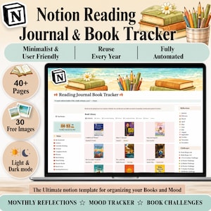 Op de afbeelding: Een laptop toont een Notion-sjabloon voor een leesdagboek en boekenvolger. Het ontwerp omvat een boekenbibliotheek, maandelijkse reflecties en moodtracker-functies. De afbeelding toont ook boeken, potloden en de tekst "Notion Reading Journal & Book Tracker."