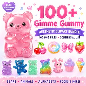 Könnte beinhalten: Ästhetisches Clipart-Bundle mit einem großen rosa Gummibären und verschiedenen anderen Gummibonbons. Das Bild enthält einen Donut, Kirschen, eine Schleife und eine Erdbeere. Zusätzliche Gummibärchen und Süßigkeiten sind ebenfalls abgebildet. Der Text enthält "100+ Gimme Gummy".