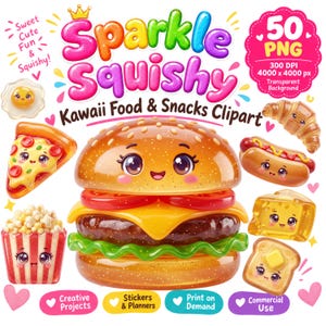 以下が含まれることがあります： Sparkle Squishyというタイトルのデジタルグラフィックセットで、透明な背景を持つ50個の可愛い食べ物やスナックのPNGファイルが含まれています。コレクションには、ハンバーガー、ピザ、ポップコーン、クロワッサン、ホットドッグ、トーストの顔付きイラストが含まれています。