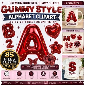 May include: A digital graphic set featuring ruby red gummy-style alphabet letters, numbers, and symbols. The collection includes 85 files with a transparent background, 300 DPI resolution, and PNG and JPG formats for crafts, prints, and stickers.