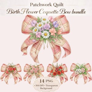Patchwork quilt geboorte bloem coquette strik bundel png | 14 aquarel clipart | Maandelijkse bloemenstrikken | Kinderkamerdecoratie, babyshower, POD-ontwerpen