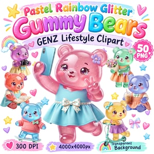 May include: Pastel Rainbow Glitter Gummy Bears GENZ Lifestyle Clipart 50 PNG 300 DPI 4000x4000px. A collection of translucent, glittery gummy bear characters in various colors, wearing dresses or hoodies, holding items like a phone, camera, flowers, or a drink, and using a skateboard or scooter.