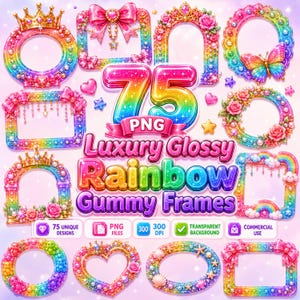 Paquete PNG de marcos arcoíris, 75 bordes de goma brillantes de lujo, imágenes prediseñadas de gelatina kawaii adorables, gráficos transparentes para álbumes de recortes y sublimación.