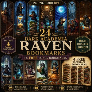 Dark Academia Raven Lesezeichen zum Ausdrucken - 24 Gothic Crow Designs + 4 kostenlose Bücherstapel, Zauberervogel Clipart PNG, Vintage Bibliothek Ästhetik