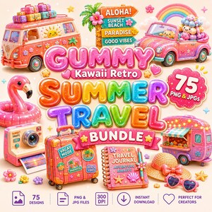 Pode incluir: Um pacote de arte digital colorido com um tema de viagem de verão retrô. A imagem apresenta uma van, um carro e um trailer rosa, junto com um flutuador de flamingo, uma câmera, uma mala, um diário e óculos de sol. O texto inclui "Gummy", "Summer Travel Bundle" e "Aloha!"