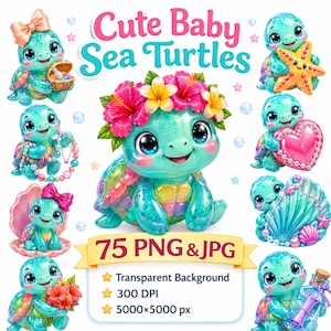 Zestaw uroczych małych żółwi morskich w formacie PNG JPG, grafika przedstawiająca tropikalne zwierzęta oceaniczne, projekt o plażowym klimacie, ilustracja letnia, do użytku komercyjnego