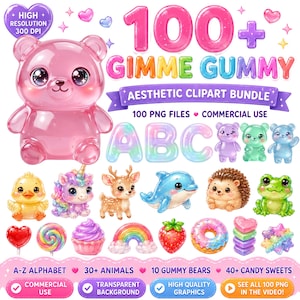 Gummy Bear Clipart Bundle , Candy Rainbow Gummy Bears, Gummy Animals & Alphabet Letters PNG, Kawaii Candy Scrapbook, Commercial Use