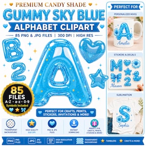 Pode incluir: Um conjunto gráfico digital intitulado Premium Candy Shade Gummy Sky Blue Alphabet Clipart contendo 85 arquivos PNG e JPG. A coleção inclui letras, números, corações e estrelas azuis, brilhantes, estilo balão com brilhos dourados.