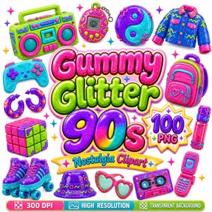 May include: A digital collection of 90s-themed clipart featuring a boombox, handheld game, yin-yang, jacket, controller, hoop earrings, backpack, cube puzzle, roller skates, bucket hat, heart glasses, cassette, and flip phone with the text Gummy Glitter 90s.