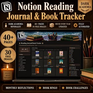 Dark Academia Notion, TBR-spårare, bokrecension, seriespårare, bokdatabas, digital bokhylla, årliga spårningssidor, digital nedladdning