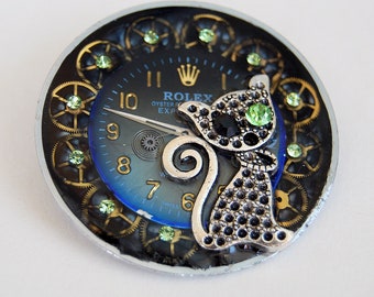 Steampunk jewelry, Cat brooch, Repurposed clock parts, Steampunk brooch