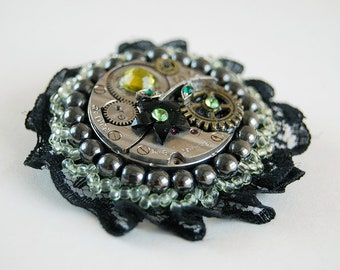 Steampunk brooch, Victorian lace, Clockwork brooch, Vintage lace, Watch gear jewelry