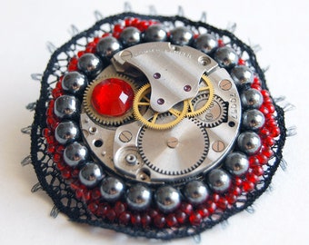 Steampunk brooch, Victorian lace, Clockwork brooch, Vintage lace, Watch gear jewelry