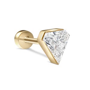 May include: A gold stud earring featuring a triangular-shaped clear gemstone set in a bezel frame. The earring includes a straight post and a small, round, flat-backed screw-on closure, providing a secure fit for various types of body piercings.