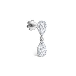 May include: A silver-toned stud earring featuring two pear-shaped clear stones. The top stone is fixed to a post with a flower-shaped backing, while the bottom pear-shaped stone hangs freely from a small jump ring, creating a dangling effect.