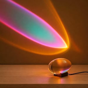 Könnte beinhalten: Eine ovale Lampe, die farbiges Licht projiziert. Auf einer Holzoberfläche platziert, wirft sie einen Farbverlauf aus Rosa, Türkis und Orange an die Wand. Die Lampe hat einen schwarzen Sockel und ein Kabel, das eine besondere Atmosphäre schafft.