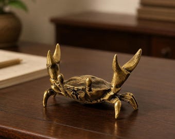 Vintage Brass Crab Figurine, Nautical Coastal Desk Decor, Solid Brass Animal Sculpture