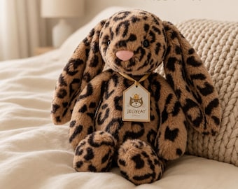 Coelho Leopardo de Pelúcia Jellycat, Brinquedo Macio e Confortável com Orelhas Flexíveis, Coelho de Pelúcia Fofo