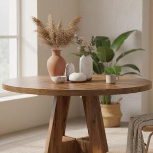 Puede incluir: Una mesa de comedor redonda de madera con acabado marrón oscuro. La mesa tiene una base de pedestal única y está decorada con jarrones, plantas y una taza de café. La mesa tiene aproximadamente 122 cm de diámetro.