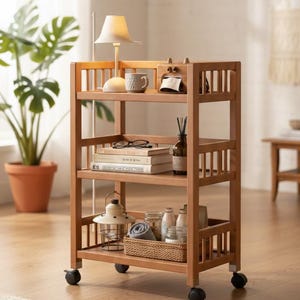 Op de afbeelding: Een lichtbruine houten rolwagen met drie planken. De bovenste plank bevat een lamp, een mok en een notitieblok. De middelste plank heeft boeken en een bril. De onderste plank heeft een mand, potten en een lantaarn.