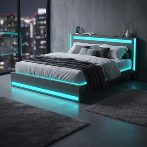 May include: A modern bed frame with built-in teal LED lighting. The bed features a gray headboard and frame, with a white comforter, gray pillows, and a dark gray throw blanket. Two gray rugs are on the floor. A city skyline is visible through a large window.