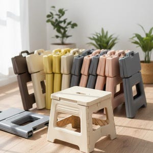 Könnte beinhalten: Eine Auswahl an zusammenklappbaren Tritten in verschiedenen Farben, darunter Braun, Creme, Gelb, Grau und Rosa. Die Kunststoffhocker haben einen Griff zum Tragen. Ein Hocker ist geöffnet, ein anderer ist flach zusammengeklappt.