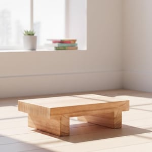 以下が含まれることがあります： 自然な仕上がりの小さな正方形の木製テーブル。長方形の天板と2本の脚を備えた、シンプルでミニマルなデザインです。テーブルの長さは約30cm、幅30cm、高さ15cmです。