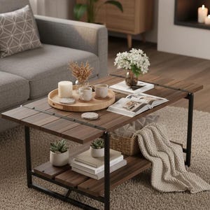 Peut inclure: Une table basse en bois brun foncé avec une structure en métal noir. La table a deux niveaux, avec un plateau, des livres, des plantes et une couverture. La table est dans un salon avec un canapé gris et un tapis.