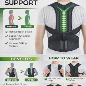 Puede incluir: Un soporte de postura negro con detalles verdes se muestra en la espalda de una persona. La imagen incluye el texto "POSTURE SUPPORT" y "BENEFITS", destacando características como aliviar el dolor de espalda y mejorar la postura. También se incluyen instrucciones sobre cómo usar el soporte.