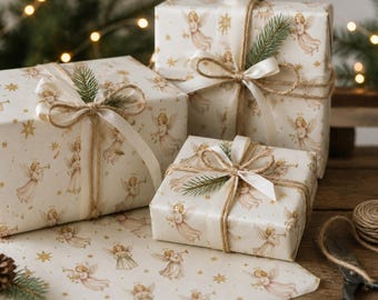 Pacchetto di carta da regalo e etichette regalo natalizie con angeli vintage / Carta da regalo stampabile con angeli ad acquerello + etichette "Da/A" / Download immediato