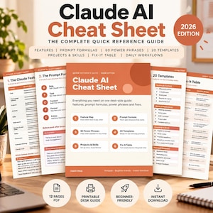 Claude AI Cheat Sheet Printable Quick Reference Guide 80 Power Phrases 20 Templates Beginner AI Guide Digital Download