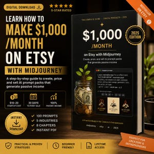 Peut inclure: Une couverture de livre numérique noire intitulée Learn How to Make $1,000/Month on Etsy with Midjourney. Elle présente un bocal en verre rempli de pièces et une petite plante, ainsi qu'une interface de prompt Midjourney montrant des logos.