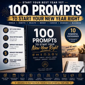 Peut inclure: Un livre noir intitulé 100 PROMPTS TO START YOUR New Year Right avec du texte et des icônes dorés. La couverture liste des catégories comme les objectifs, habitudes, santé, argent, carrière, état d'esprit et affaires, avec 10 catégories puissantes.