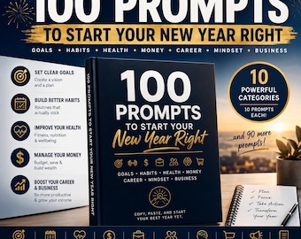 New Year Goal Setting AI Templates 100 Prompts Digital Planner Habit Tracker Printable Self Improvement Guide