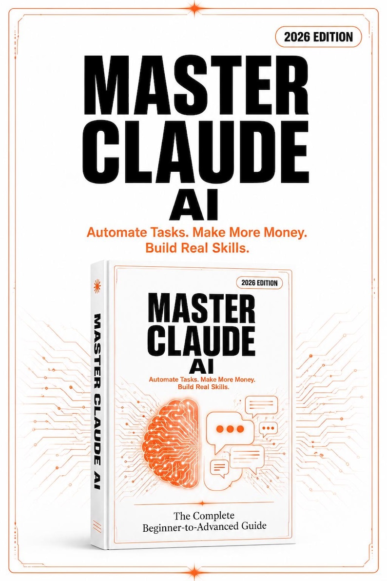 Może przedstawiać: Biała książka zatytułowana Master Claude AI 2026 Edition z podtytułem Automate Tasks. Make More Money. Build Real Skills. Okładka zawiera pomarańczową grafikę m&oacute;zgu i dymk&oacute;w tekstowych oraz napis The Complete Beginner-to-Advanced Guide.