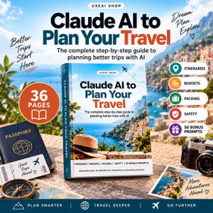 Op de afbeelding: Een boek getiteld Claude AI to Plan Your Travel met een afbeelding van een kuststad op de kaft, omringd door een paspoort, kompas, camera en reisiconen. De kaft bevat tekst over 36 pagina's, routes, budgetten, inpakken, veiligheid en 50 bonusprompts tegen een mediterrane achtergrond.