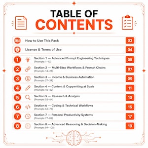 May include: A white table of contents document with orange text and icons. It lists eight sections including Advanced Prompt Engineering, Multi-Step Workflows, Income & Business Automation, Content & Copywriting, Research, Coding, Productivity, and Reasoning.