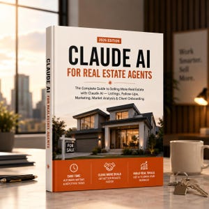 Może przedstawiać: Książka pod tytułem Claude AI for Real Estate Agents 2026 Edition z białą okładką, zdjęciem nowoczesnego domu, pomarańczowymi akcentami oraz tekstem opisującym zastosowanie w ofertach nieruchomości, marketingu i analizie rynku.