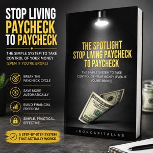 May include: A book cover with the title "STOP LIVING PAYCHECK TO PAYCHECK" in yellow and white text. The cover features a spotlight, a stack of money, and the text "THE SIMPLE SYSTEM TO TAKE CONTROL OF YOUR MONEY".