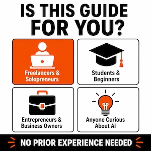 Może przedstawiać: Biała grafika z czarnym tekstem: IS THIS GUIDE FOR YOU? oraz NO PRIOR EXPERIENCE NEEDED. Cztery pola zawierają ikony: osoba przy laptopie dla Freelancers & Solopreneurs, czapka absolwenta dla Students & Beginners, teczka dla Entrepreneurs & Business Owners oraz żar&oacute;wka dla Anyone Curious About AI.