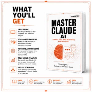 Może przedstawiać: Cyfrowy przewodnik produktowy zatytułowany Master Claude AI 2026 Edition. Okładka zawiera grafikę m&oacute;zgu z liniami obwod&oacute;w i dymkami. Tekst wymienia zawartość, w tym ebooka, 100 szablon&oacute;w prompt&oacute;w, ramy działania oraz przykłady z życia wzięte.