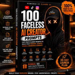 Pode incluir: Um livro preto intitulado 100 Faceless AI Creator Prompts com uma figura encapuzada com olhos em forma de X laranja brilhante na capa. A capa inclui texto sobre 100 prompts prontos para usar, 10 categorias e um plano de lançamento de 30 dias.