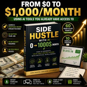 May include: A black book titled Side Hustle with AI 0 to 1000$/month, featuring gold text and graphics. The cover displays text about generating income with artificial intelligence, surrounded by stacks of cash, a laptop, and a notebook.