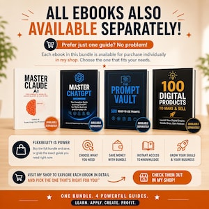 May include: Four digital guidebooks titled Master Claude AI, Master ChatGPT, The Prompt Vault, and 100 Digital Products to Make & Sell. The image includes text stating All Ebooks Also Available Separately, Flexibility Is Power, and One Bundle 4 Powerful Guides.