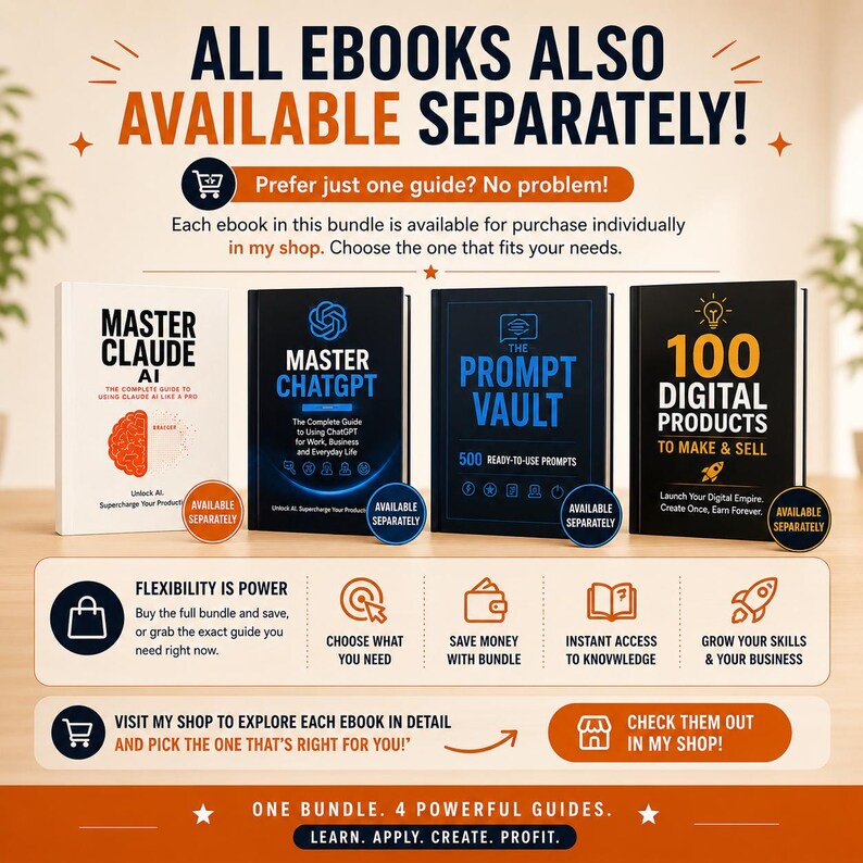 May include: Four digital guidebooks titled Master Claude AI, Master ChatGPT, The Prompt Vault, and 100 Digital Products to Make & Sell. The image includes text stating All Ebooks Also Available Separately, Flexibility Is Power, and One Bundle 4 Powerful Guides.